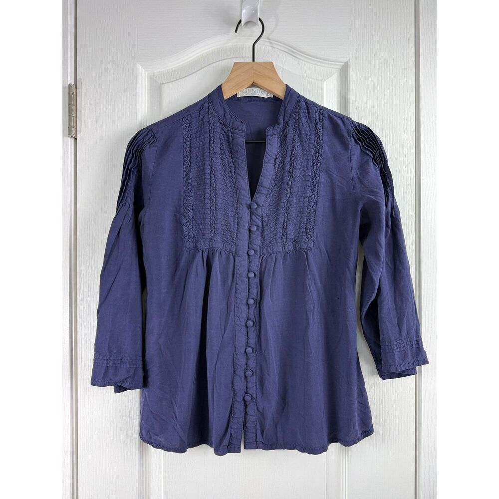 Solitaire Women's XS Purple Rayon Pintuck Button Front Boho Blouse Tunic Top